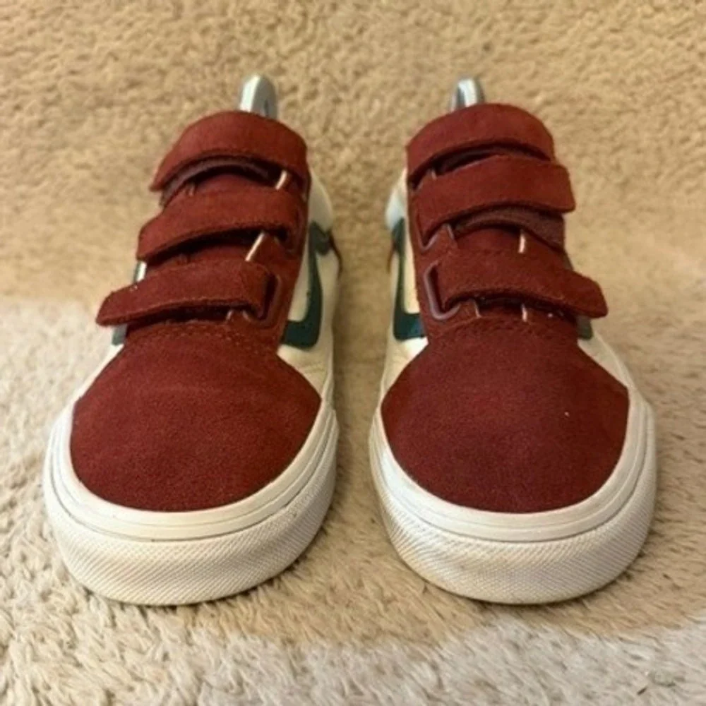 Vans Old Skool V Burgundy Cream Green Suede Canvas Triple Strap Womens Size 7.5